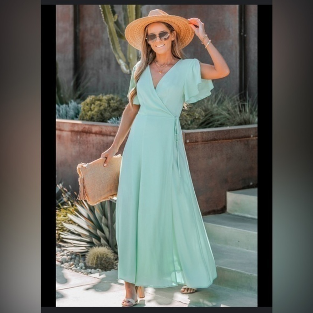 Cupshe Wrap Tie Elegant‎ Maxi Mint Flutter Sleeve Dress Size S RefCPS011